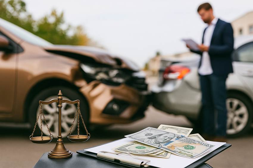 Em uma única imagem, o caos do acidente e a balança da justiça. A busca por reparação é a luz no fim do túnel para quem enfrenta os prejuízos e a dor.