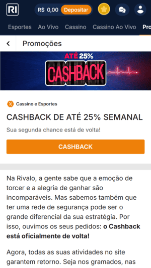 Cashback semanal de até 25% na Rivalo
