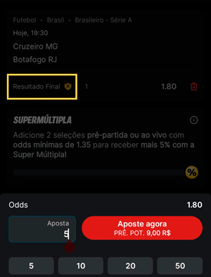 Bilhete de aposta simples na Superbet com Pagamento Antecipado