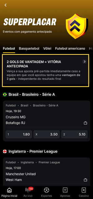 Seção de SuperPlacar na Superbet de eventos com Pagamento Antecipado