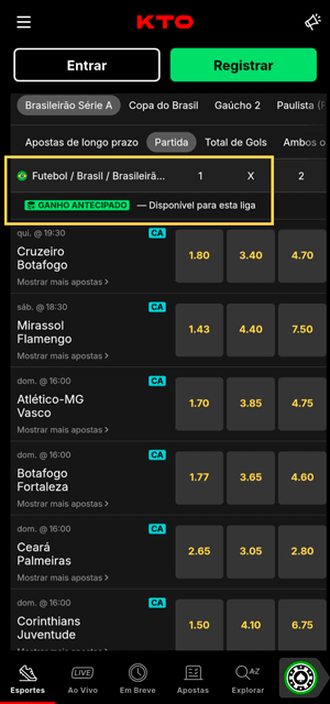 Interface de apostas da KTO com ganho antecipado em jogos do Brasileirão