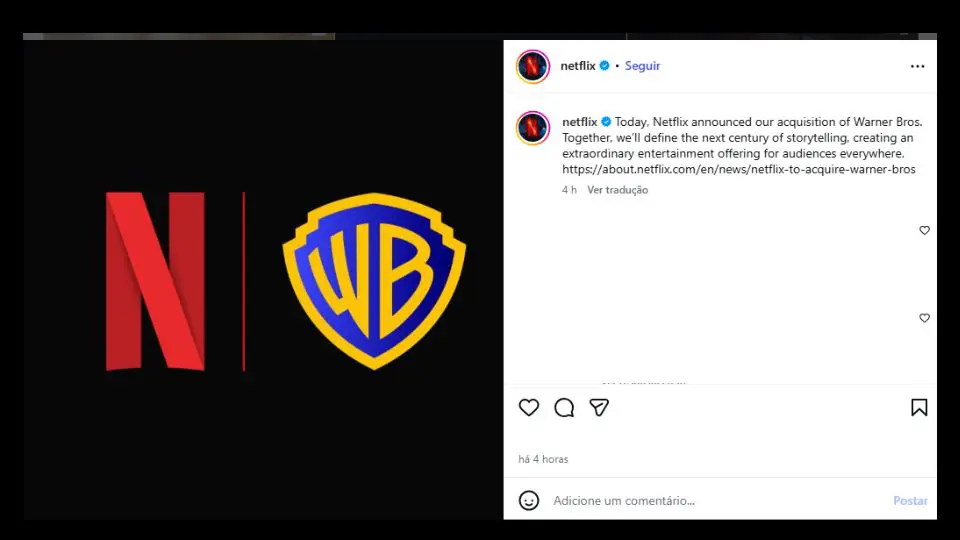A Netflix anunciou, em seu site e redes sociais, que irá comprar a Warner Bros, transação que deve terminar entre o final de 2026 e a meio de 2027.