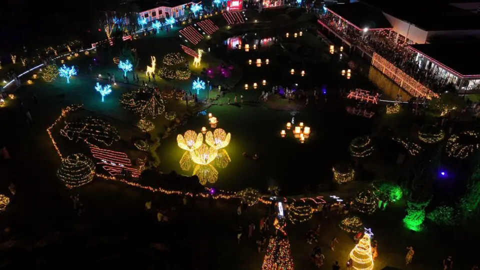 O Parque Iluminado de Maringá transforma a noite em cenário de cinema: luzes pulsam entre as árvores, cores dançam no ar e cada passo parece abrir uma nova página do Natal.