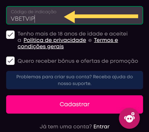 Digitando o código promocional VBETVIP para concluir o cadastro