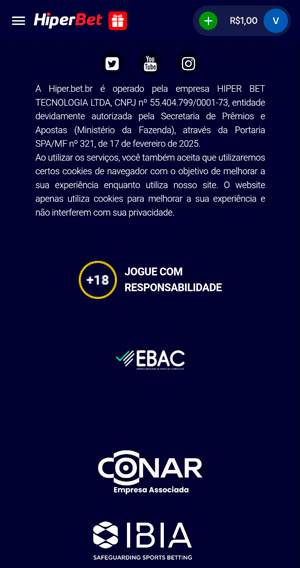 Rodapé do site da HiperBet que exibe a licença e certificados de segurança do site