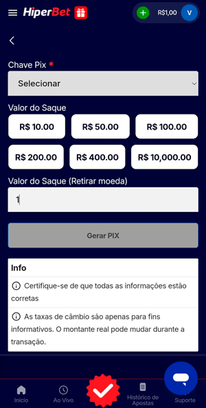 Seção de saque da HiperBet com limite mínimo de R$ 1
