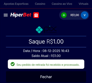 Solicitação de saque de R$ 1 processado na HiperBet