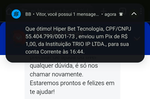 Comprovante de saque de R$ 1 na HiperBet que caiu na hora