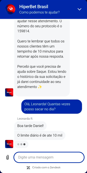 Captura de tela do chat ao vivo da HiperBet com atendimento de suporte rápido