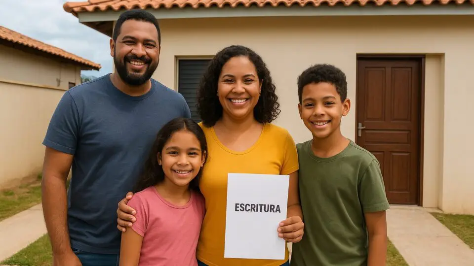 Família segura seu novo lar com confiança, fruto da regulação fundiária que garante moradia digna e segurança jurídica