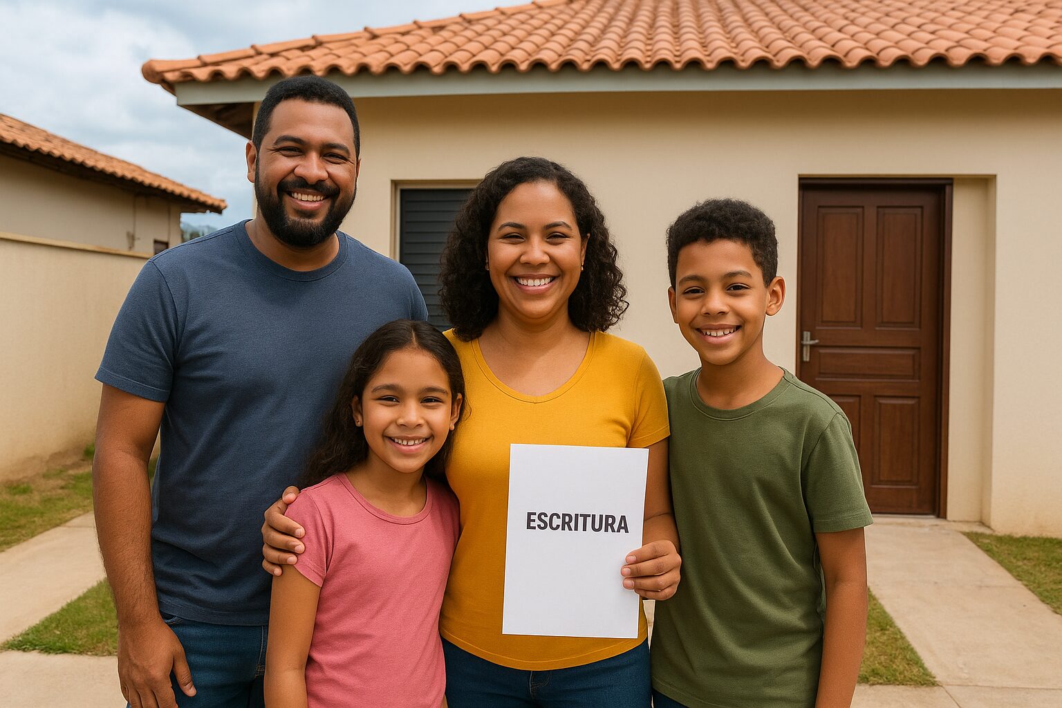 Família segura seu novo lar com confiança, fruto da regulação fundiária que garante moradia digna e segurança jurídica