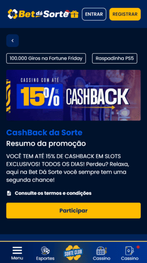 Oferta de cashback no cassino BetdaSorte