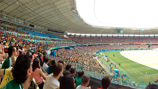 Torcedores brasileiros no estádio em um jogo da Copa do Mundo