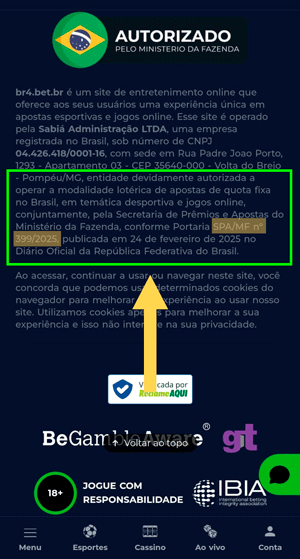 Captura de tela mostrando onde localizar a licença de uma plataforma de apostas acessível no site oficial da empresa