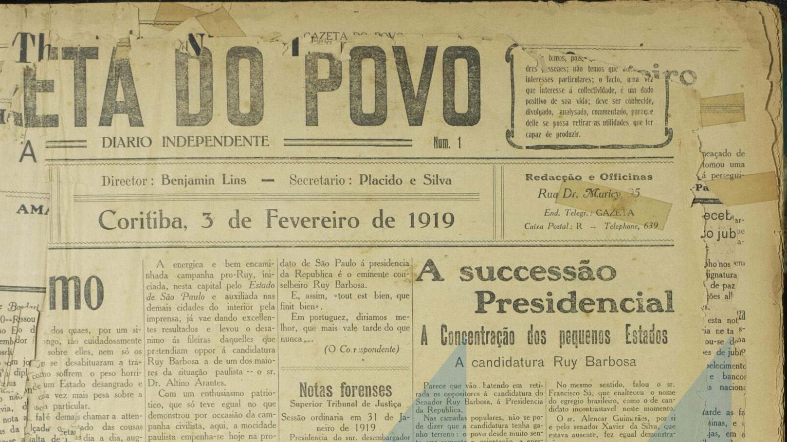 Primeira página da edição inaugural da Gazeta do Povo, de 3 de fevereiro de 1919