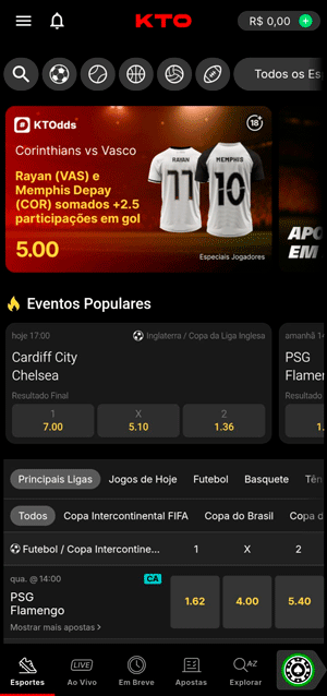 Interface inicial do app da KTO na seção de esportes, mostrando eventos mais populares
