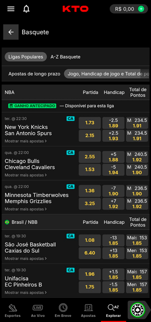 Seção de apostas em basquete na KTO mostra ligas mais populares como NBA e jogos entre New York Knicks e San Antonio Spurs em primeiro lugar