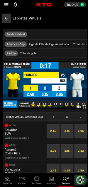 Seção de apostas em Esportes Virtuais na KTO mostra a modalidade V-Play Football, contendo jogos como Equador vs EUA