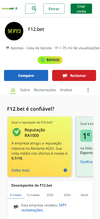 Captura de tela mostra interface da F12.bet no ReclameAqui, com nota 9.7 e reputação 'Ótima'