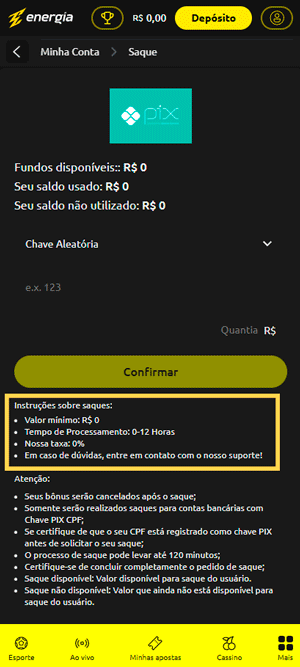 Seção de saque da Energia Bet com destaque em não determinar um limite mínimo de retirada