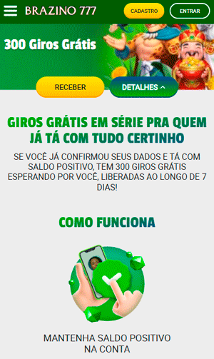 Captura de tela da oferta de 300 giros grátis para usuários verificados da Brazino777