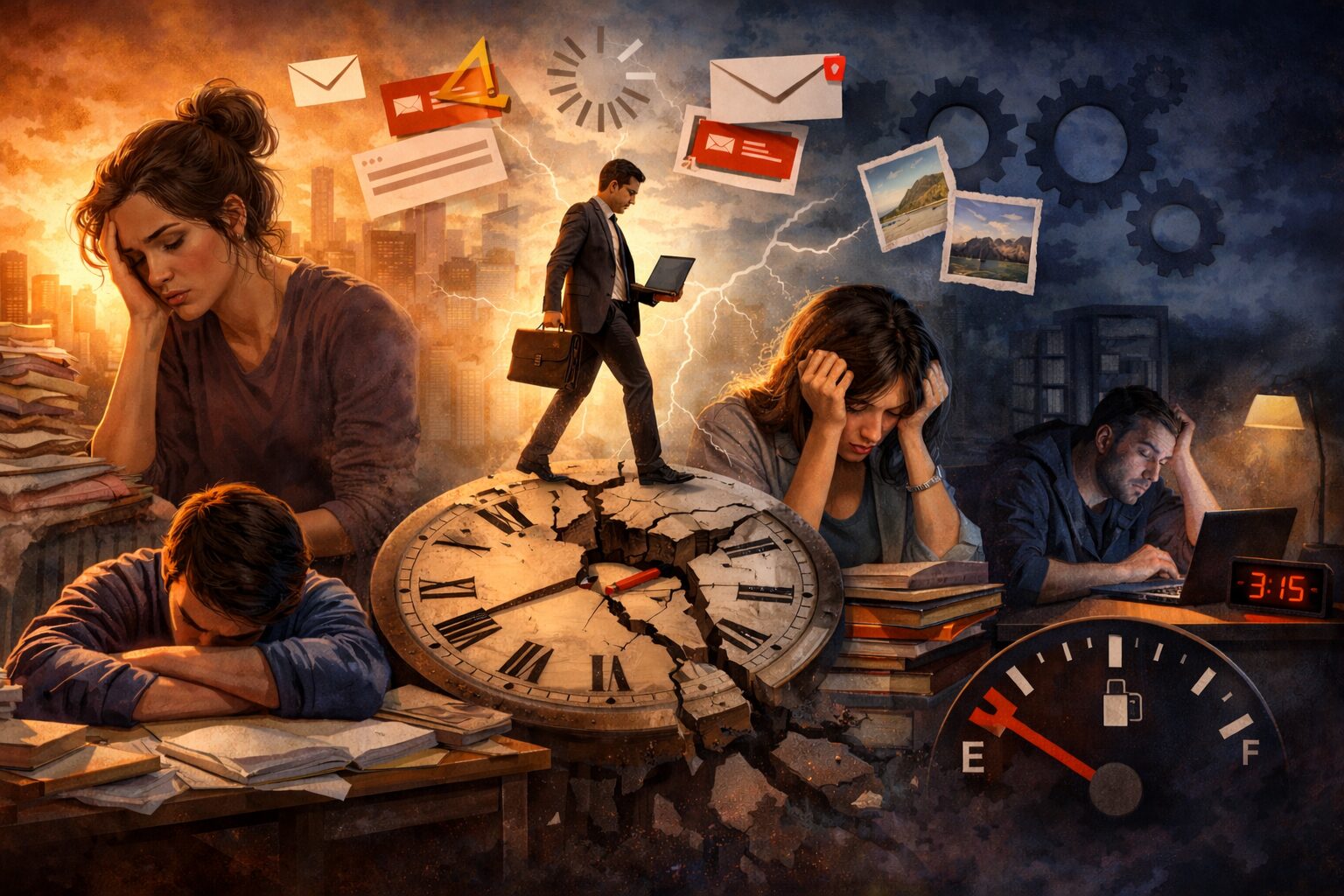 A exaustão mental se manifesta em diferentes rotinas — trabalho, estudos e vida pessoal — muitas vezes de forma silenciosa e cumulativa.