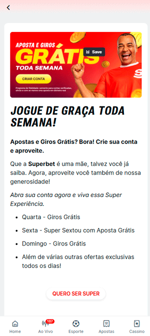 Screenshot da página da oferta “Jogue de graça toda semana!” da Superbet