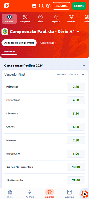 Screenshot da página de odds do Paulistão na Betano
