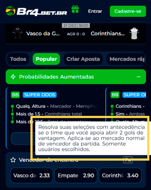 Seção de evento de futebol brasileiro com recurso de Pagamento Antecipado ativo na BR4BET