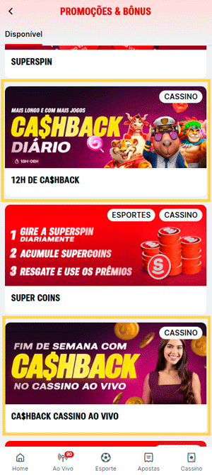 Captura de tela das ofertas de Cashback na página de promoções da Superbet
