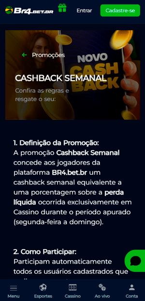 Captura de tela da oferta de Cashback da BR4Bet, que aceita depósitos de R$ 5