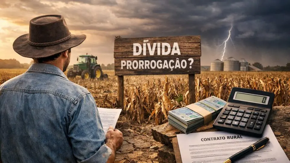 Produtor rural analisa documentos e contratos diante de uma safra comprometida, refletindo sobre a prorrogação de dívidas e a proteção do patrimônio agrícola.