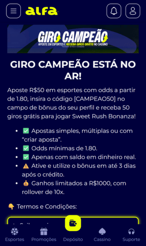 Giro Campeão dá até R$1000 na Alfabet 