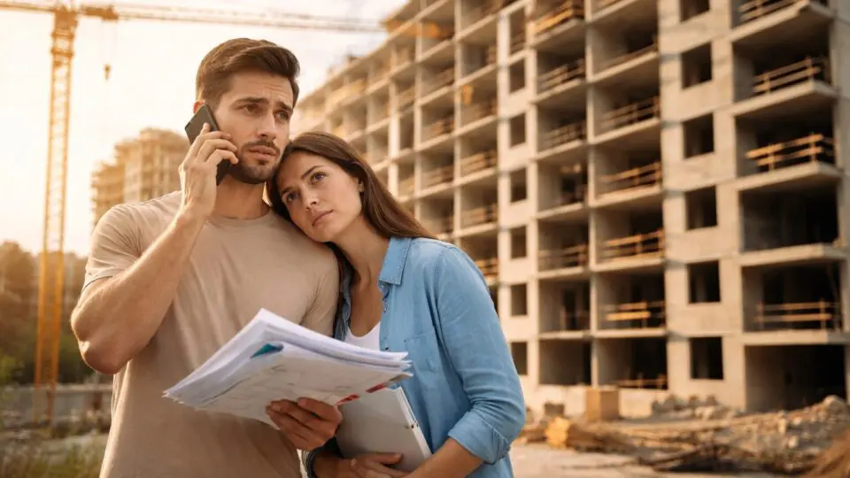 Compradores acompanham o andamento de um imóvel em construção, preocupados com possíveis atrasos na entrega e buscando garantir seus direitos.