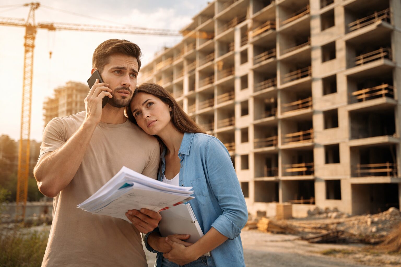 Compradores acompanham o andamento de um imóvel em construção, preocupados com possíveis atrasos na entrega e buscando garantir seus direitos.