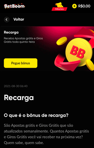 Oferta de Recarga na BetBoom para resgatar com depósito de R$ 5