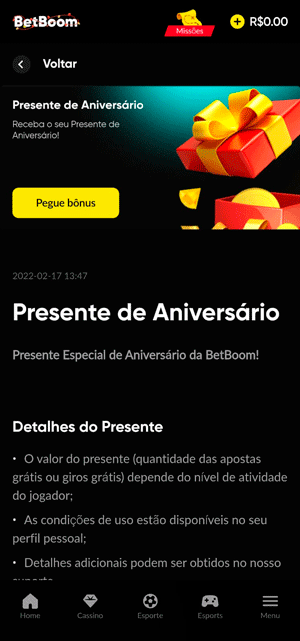 Oferta de Presente de Aniversário da BetBoom para usuários cadastrados