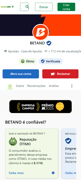 Captura de tela mostra o ReclameAqui da Betano atualizado. Com reputação ÓTIMO e 99,6% das reclamações respondidas