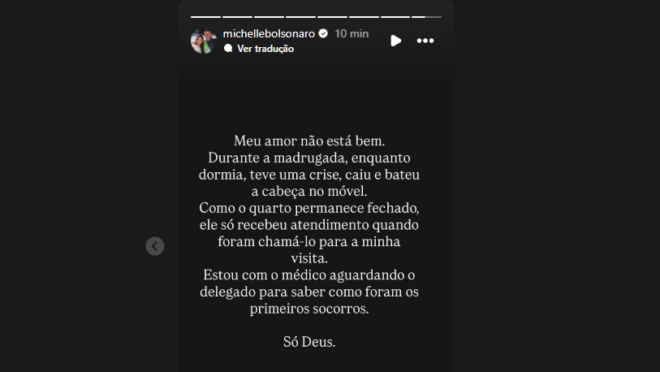 Michelle fala sobre acidente que Bolsonaro teria sofrido na prisão.