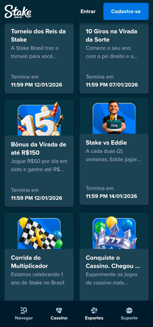 Página de promoções da Stake para jogos de cassino com ofertas de torneios e desafios ativos
