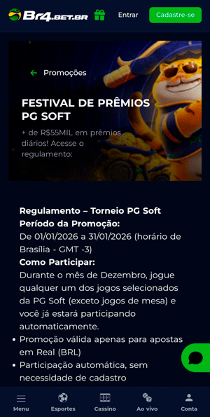Página da oferta “Festival de Prêmios PG Soft” da BR4bet com até R$ 55 mil em prêmios para jogos da desenvolvedora
