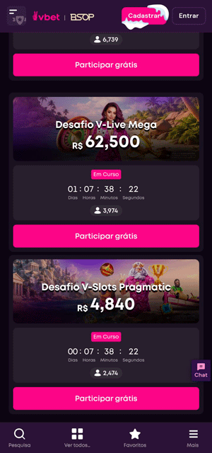Página de torneios de cassino da VBET, com os desafios “V-Live Mega” e “V-Slots Pragmatic” ativos
