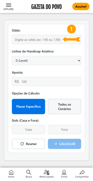 Primeiro passo para usar a calculadora de handicap asiático