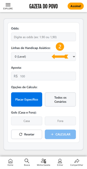 Segundo passo para usar a calculadora de handicap asiático
