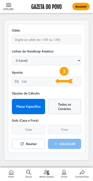 Terceiro passo para usar a calculadora de handicap asiático