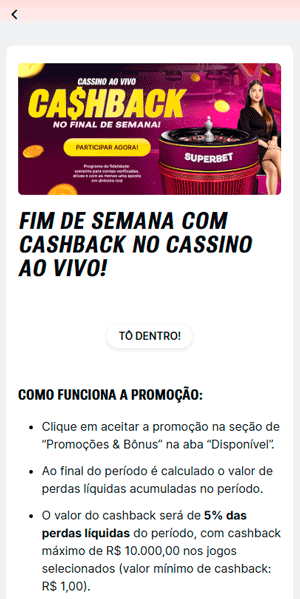 Página da oferta de cashback para cassino ao vivo da Superbet