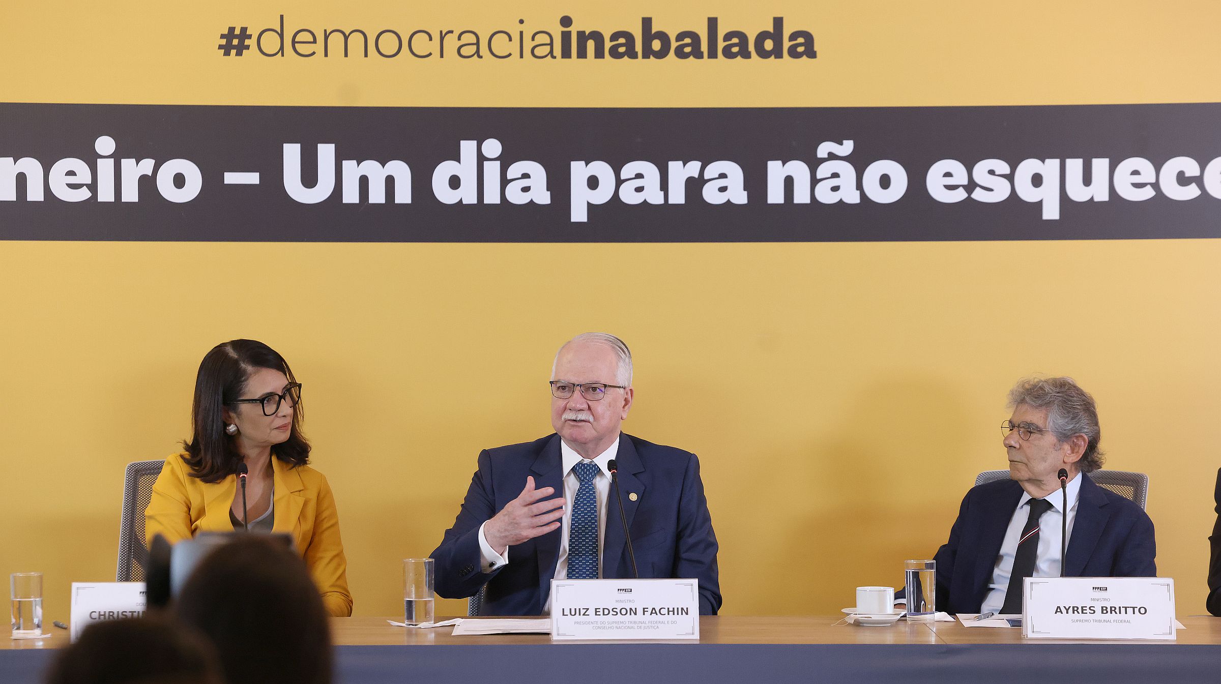 O presidente do STF, Edson Fachin, em ato alusivo aos três anos do 8 de janeiro, realizado na sede do Supremo.