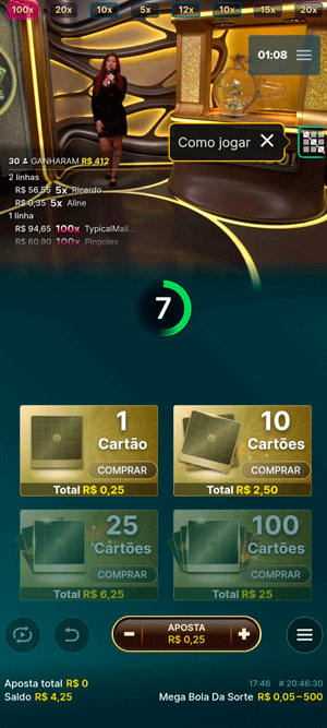 Interface do bingo online “Mega Bola da Sorte” com cartelas de R$ 0,25 na Stake