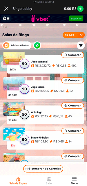 Lobby da VBET com diversas salas de bingo