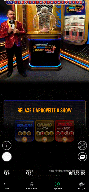 Interface do bingo ao vivo “Mega Fire Blaze Lucky Ball Brasileiro” com apresentador brasileiro na KTO